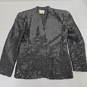 Vintage Farinae Collections Black Sequin Blazer Jacket Size 12 Made in USA Glam